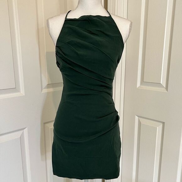 Zara Draped Linen Blend Dress in Bottle Green Medium - Picture 8 of 14